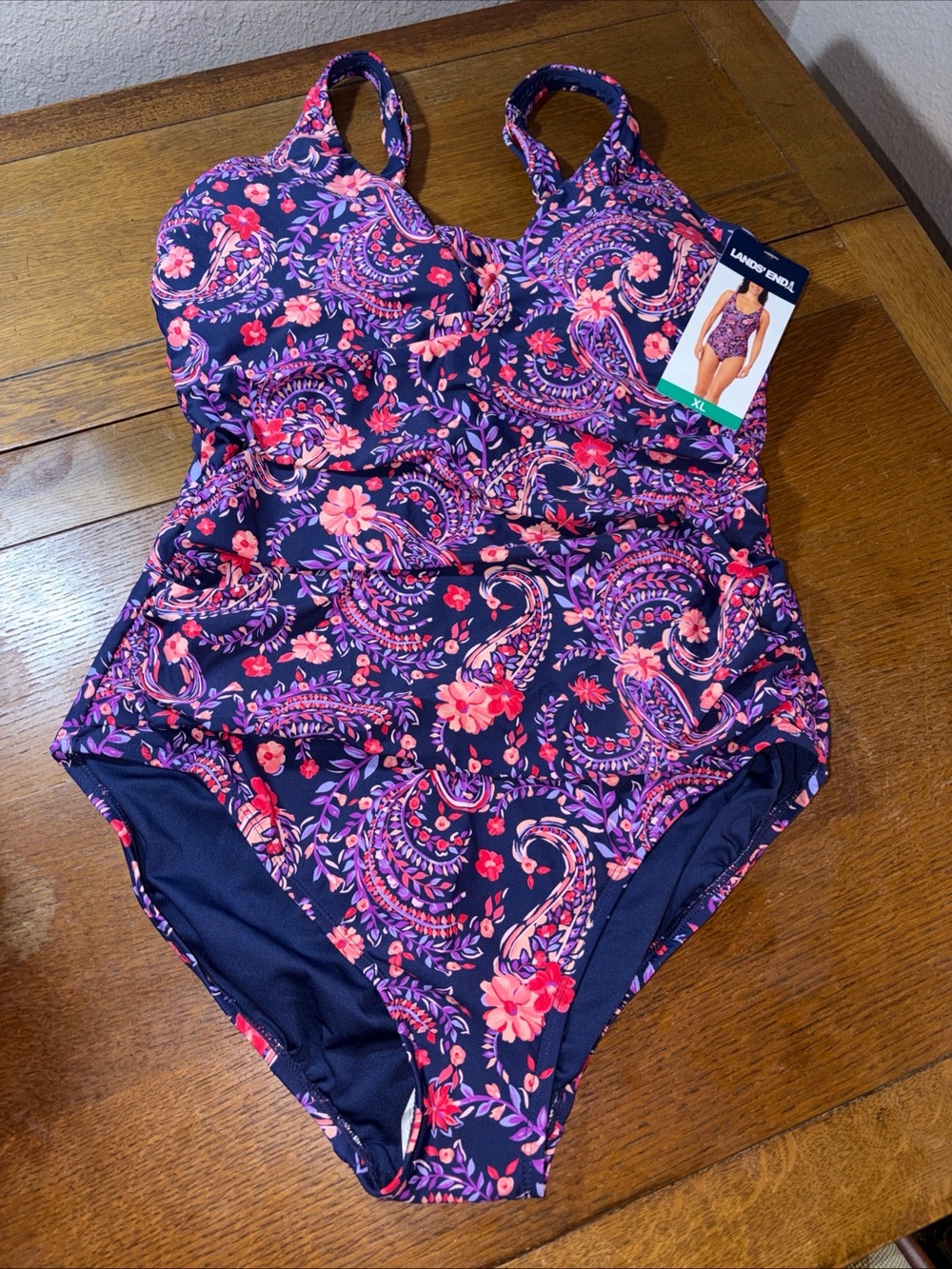 Lands' End Navy One-Piece Swimsuit with Pink & Purple Floral Paisley